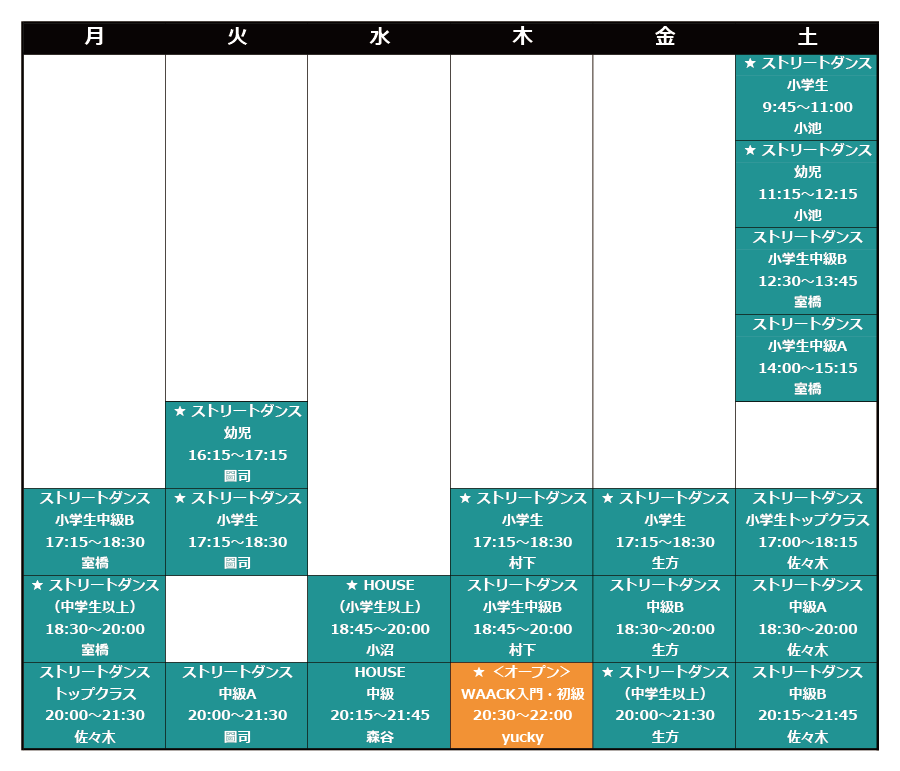 阿見スタジオタイムテーブル ★印が初心者受入れクラスです