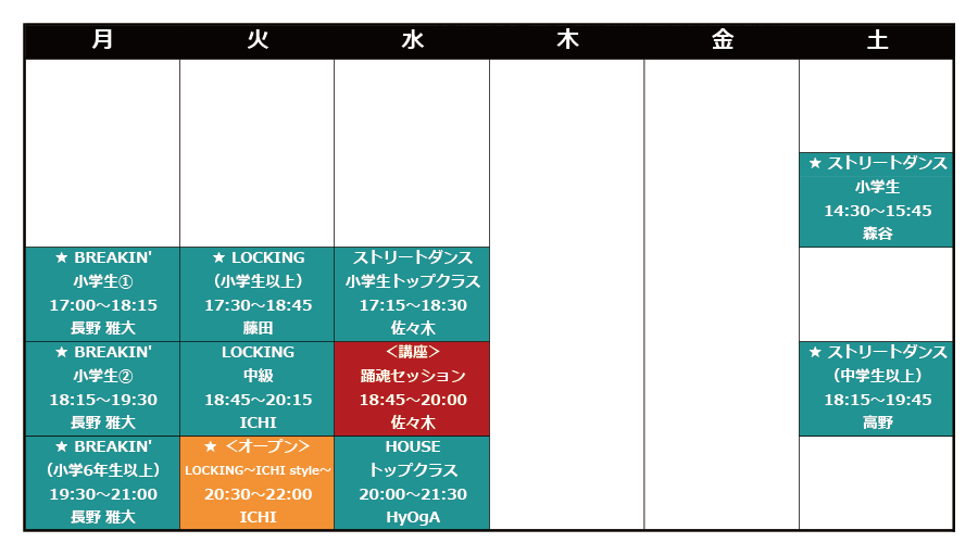 つくば南校タイムテーブル ★印が初心者受入れクラスです
