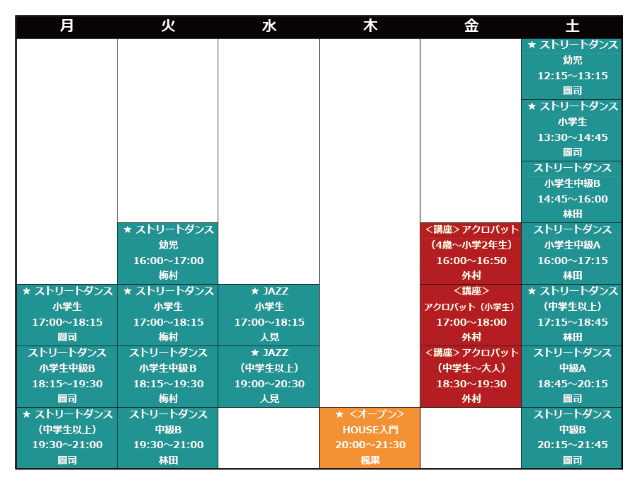 龍ヶ崎スタジオタイムテーブル ★印が初心者受入れクラスです