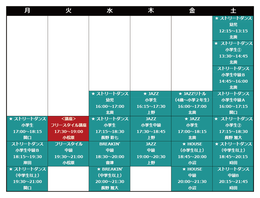 新守谷Aスタジオタイムテーブル ★印が初心者受入れクラスです